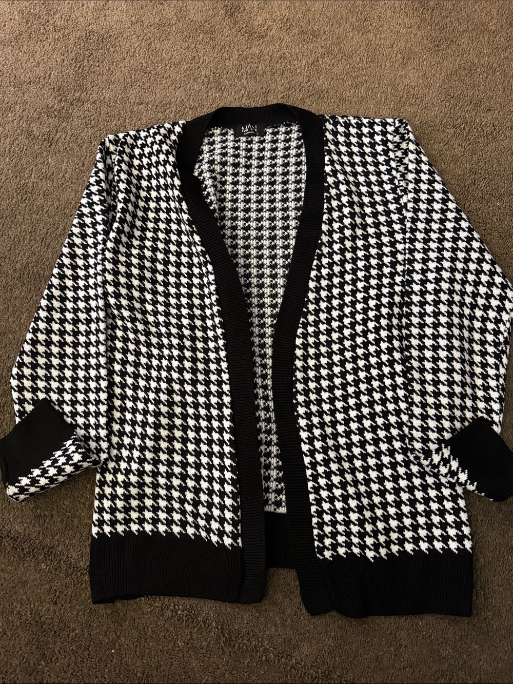 Boohoo Black & White Houndstooth Open-Front Cardigan-L